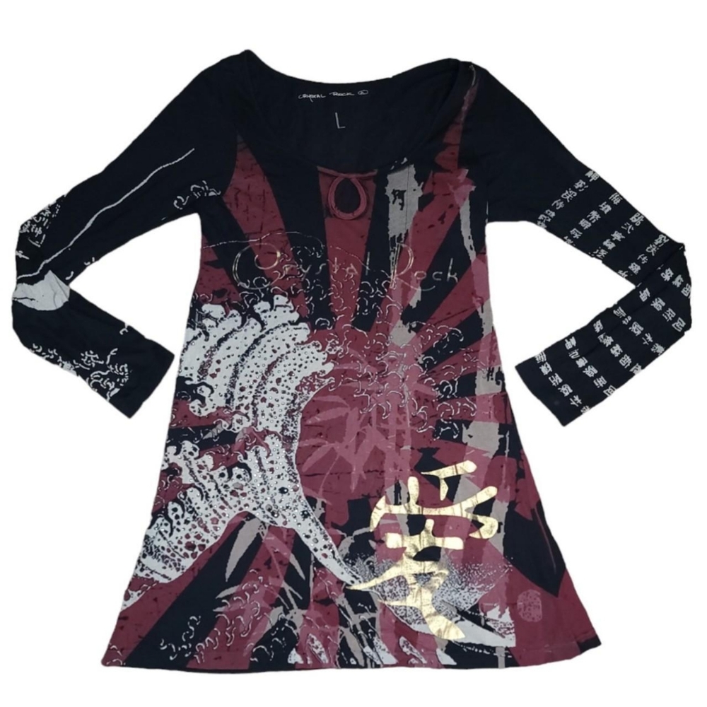 Crystal rock by christian audigier great wave rhinestone long sleeve dress large